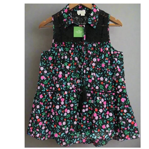 Kate Spade Floral Silk Cotton Blouse Womens Large Sleeveless Green Lace Peplum - Picture 3 of 9